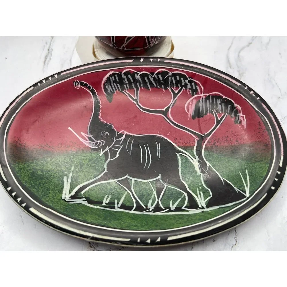 Handmade African‎ Elephant Oval Soapstone Plate & Giraffe Egg